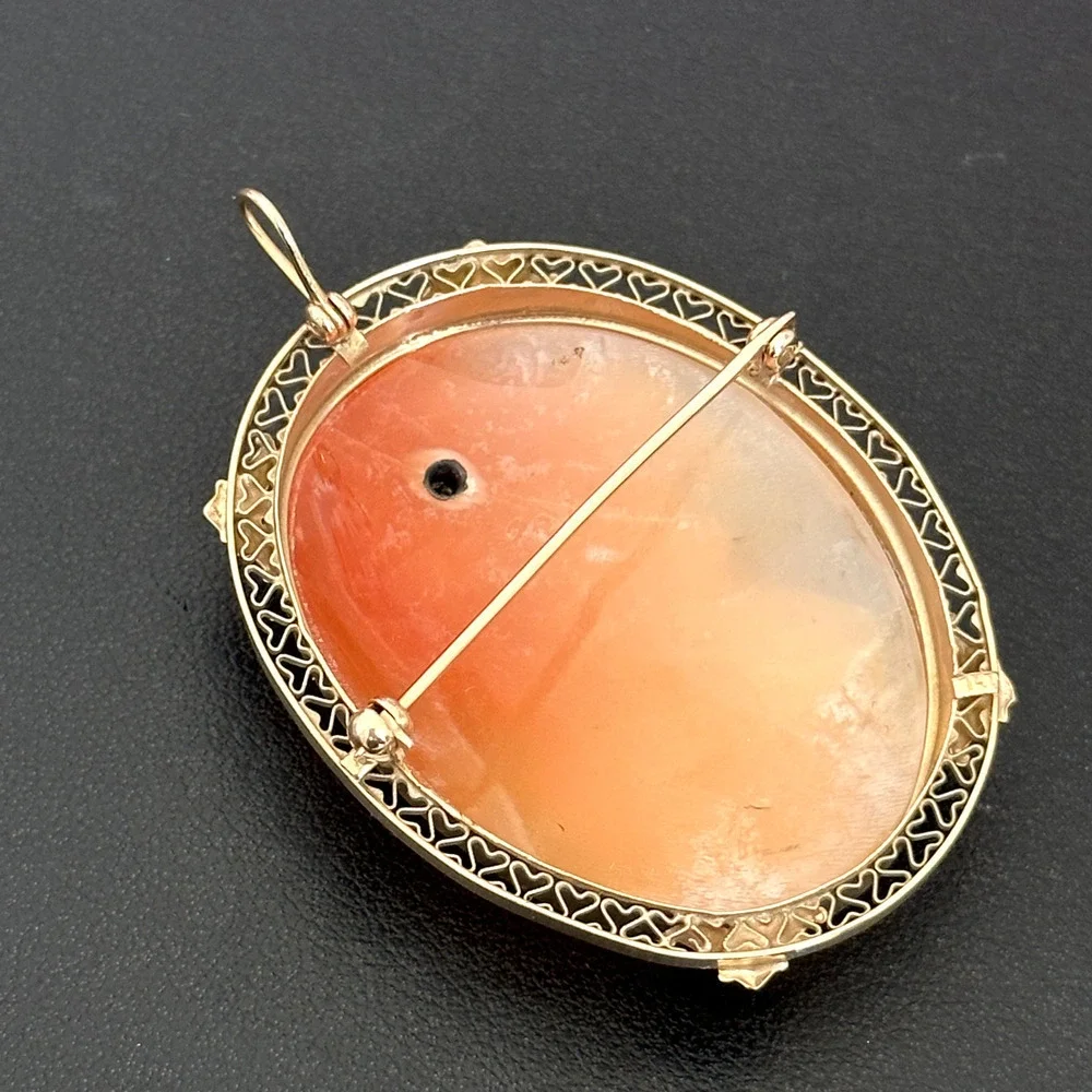 Vintage 14K Yellow Gold Large Hand Carved Shell Cameo Diamond Brooch Pin Pendant